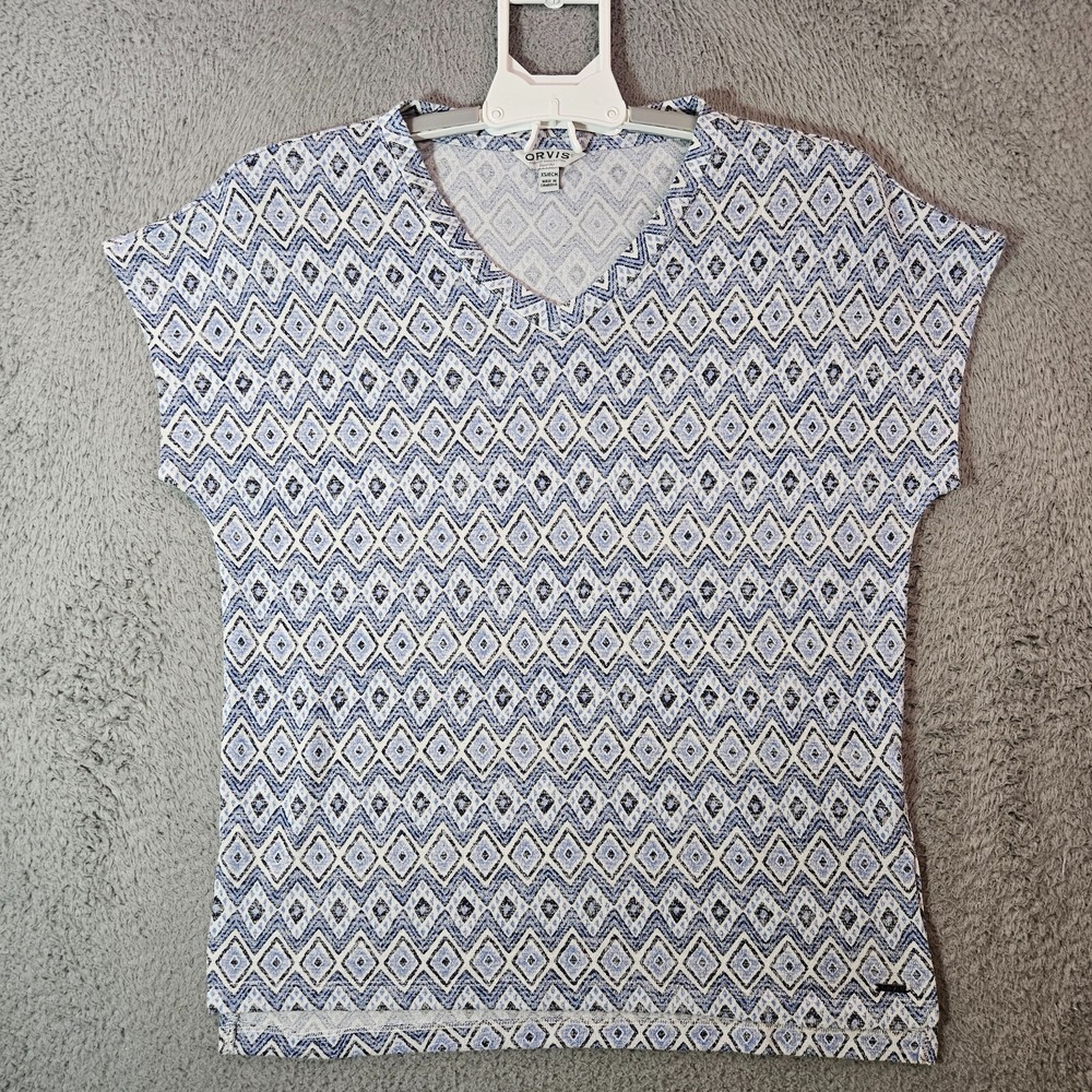 Orvis Tee Top Women XS Aztec Print Short Sleeve Blue‎ White
